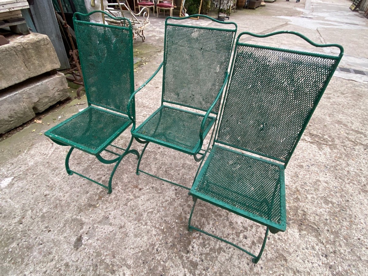 1 Fauteuil Et 2 Chaises De Jardin XIXème , En Fer Forgé, Assises Et Dossiers En Fer Tressés -photo-1