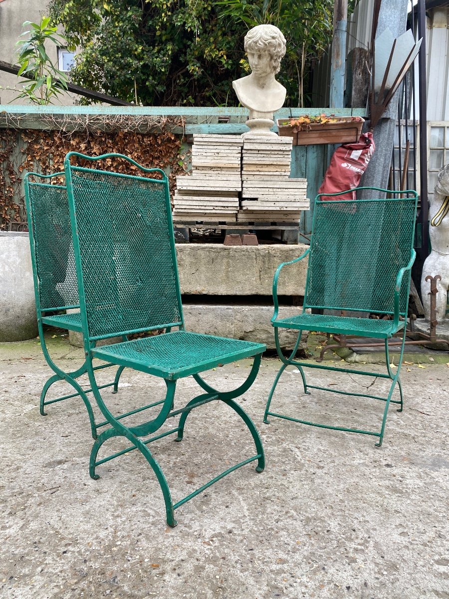 1 Fauteuil Et 2 Chaises De Jardin XIXème , En Fer Forgé, Assises Et Dossiers En Fer Tressés -photo-2