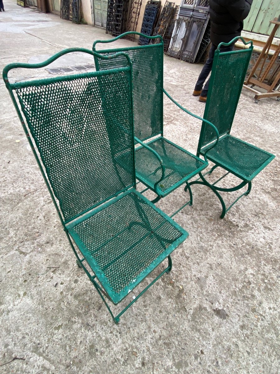 1 Fauteuil Et 2 Chaises De Jardin XIXème , En Fer Forgé, Assises Et Dossiers En Fer Tressés 