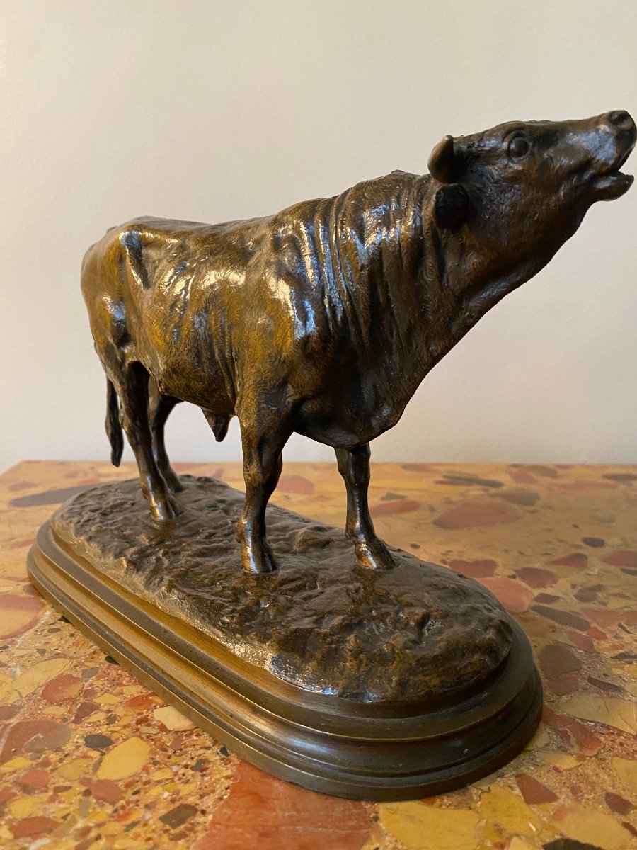 Rosa Bonheur (1822-1899) Bellowing Bull In Bronze With Brown Patina, Founder Peyrol-photo-2