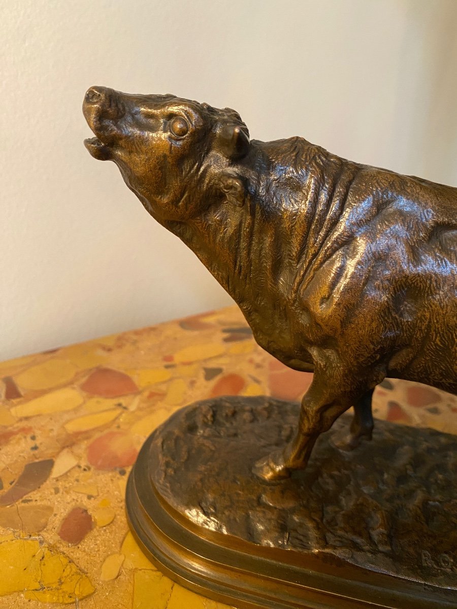 Rosa Bonheur (1822-1899) Bellowing Bull In Bronze With Brown Patina, Founder Peyrol-photo-3