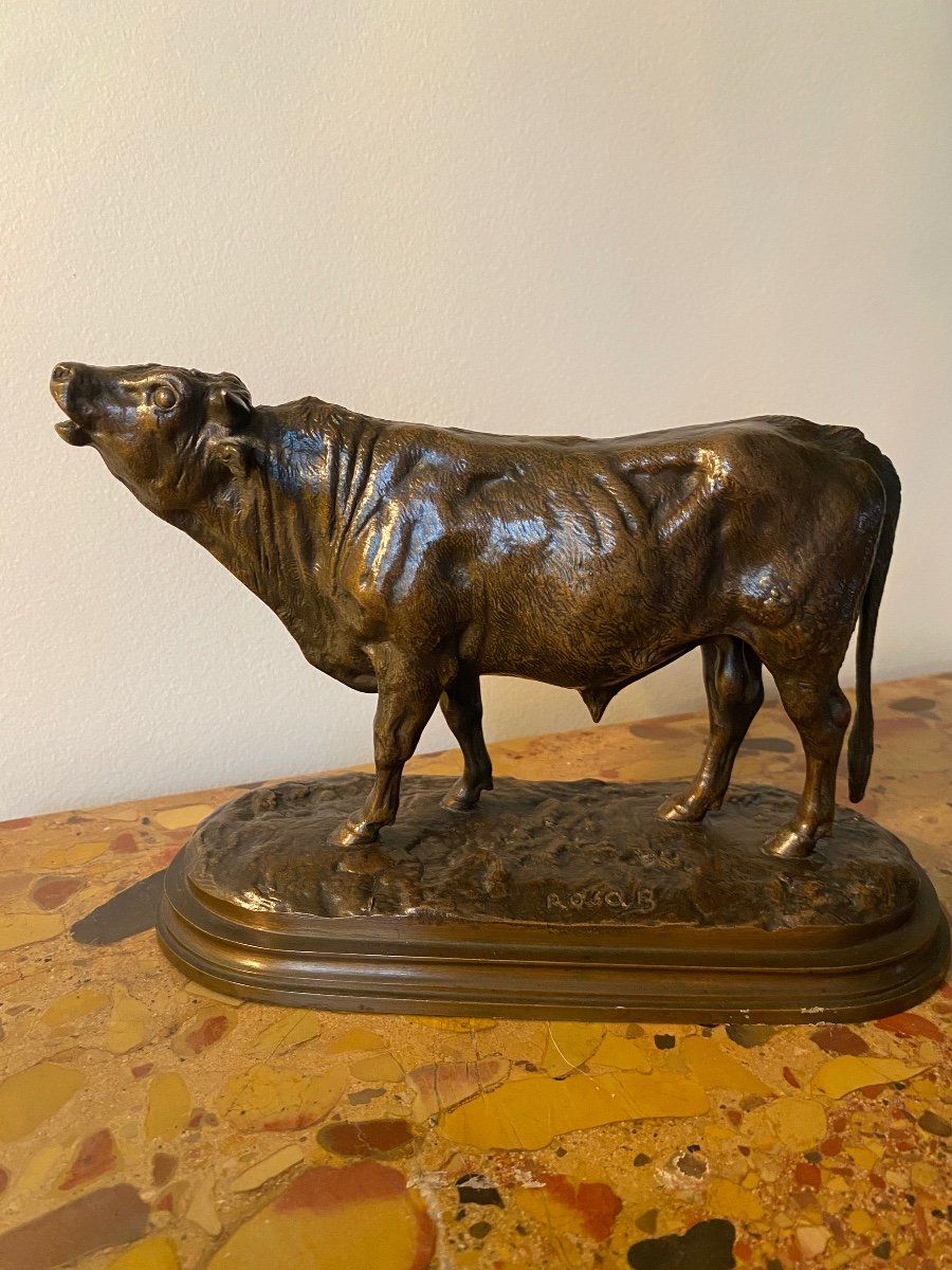 Rosa Bonheur (1822-1899) Bellowing Bull In Bronze With Brown Patina, Founder Peyrol