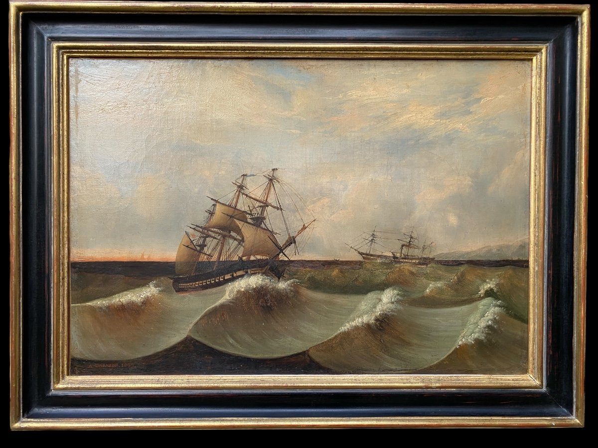 Large 19th Century Marine, Signed And Dated 1845, Sailboat, Pyroscaphe 