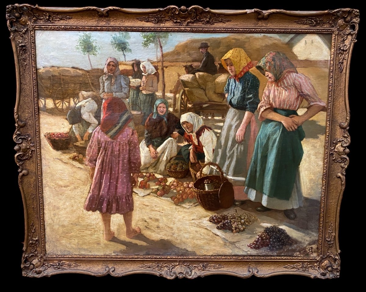 Grand Tableau Hongrois, Scène de personnages, Marché , Signée Erno Nagy (1881-1954)