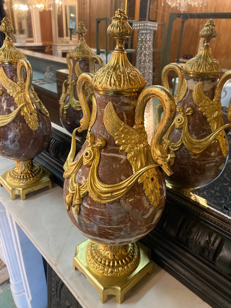 Pair Of Louis XVI Style Cassolettes In Marble And Gilded Bronze, Napoleon III Period -photo-2