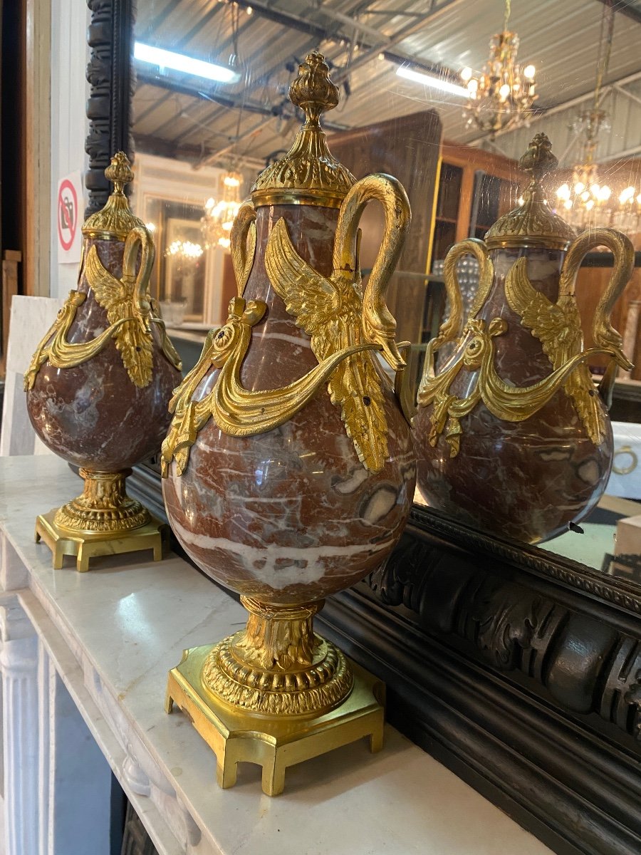 Pair Of Louis XVI Style Cassolettes In Marble And Gilded Bronze, Napoleon III Period -photo-1