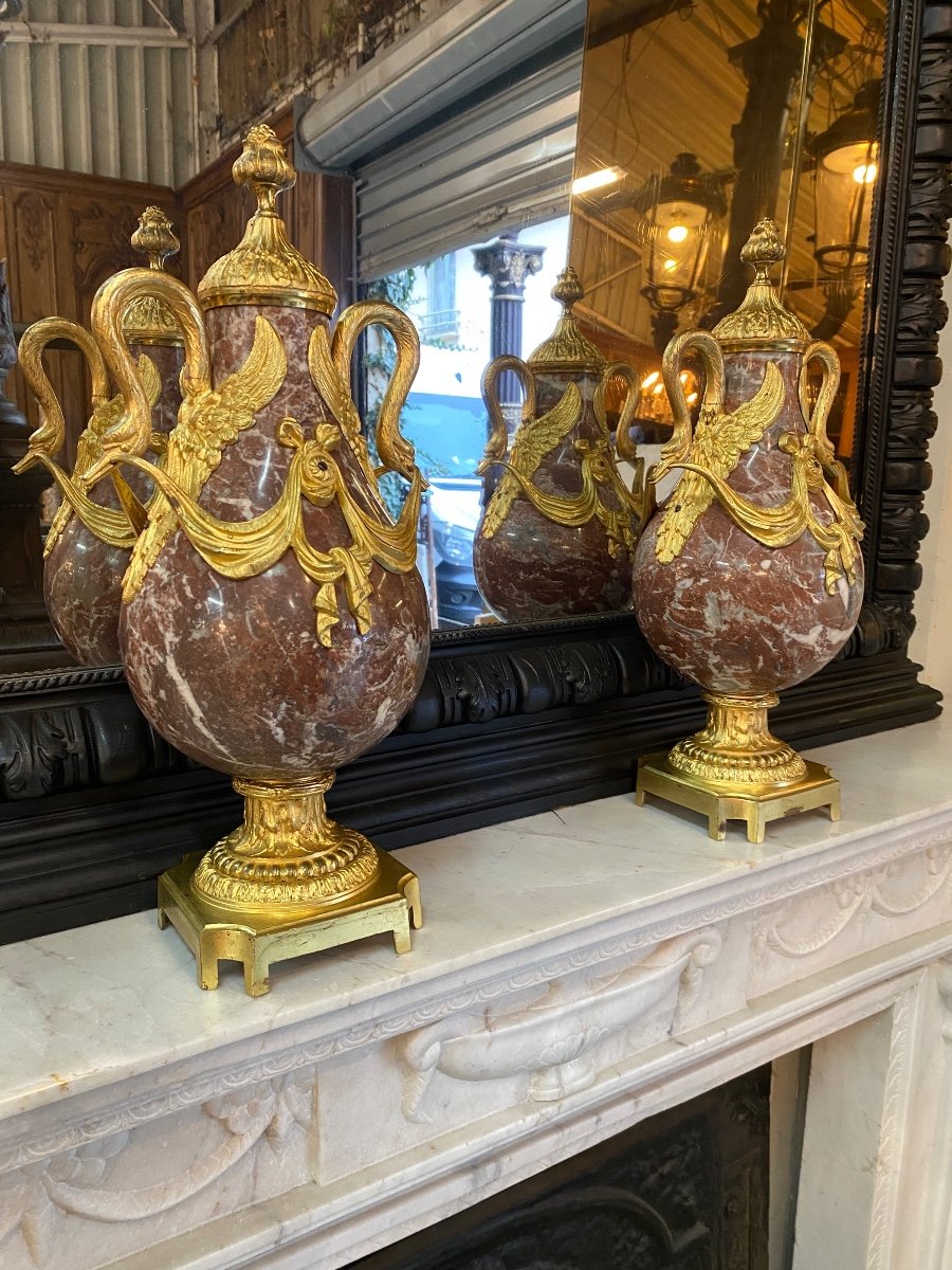 Pair Of Louis XVI Style Cassolettes In Marble And Gilded Bronze, Napoleon III Period -photo-2