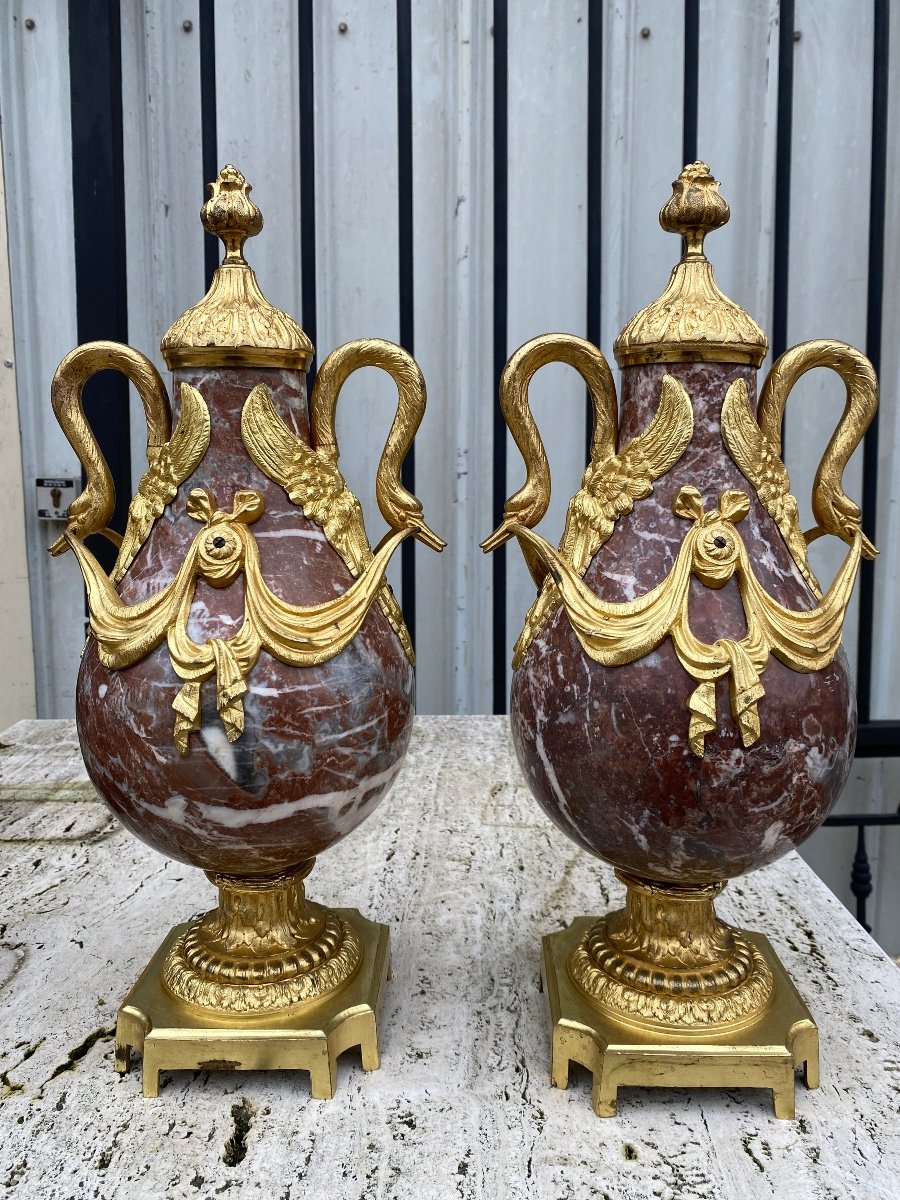 Pair Of Louis XVI Style Cassolettes In Marble And Gilded Bronze, Napoleon III Period -photo-8