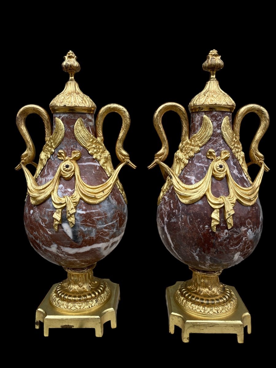 Pair Of Louis XVI Style Cassolettes In Marble And Gilded Bronze, Napoleon III Period 