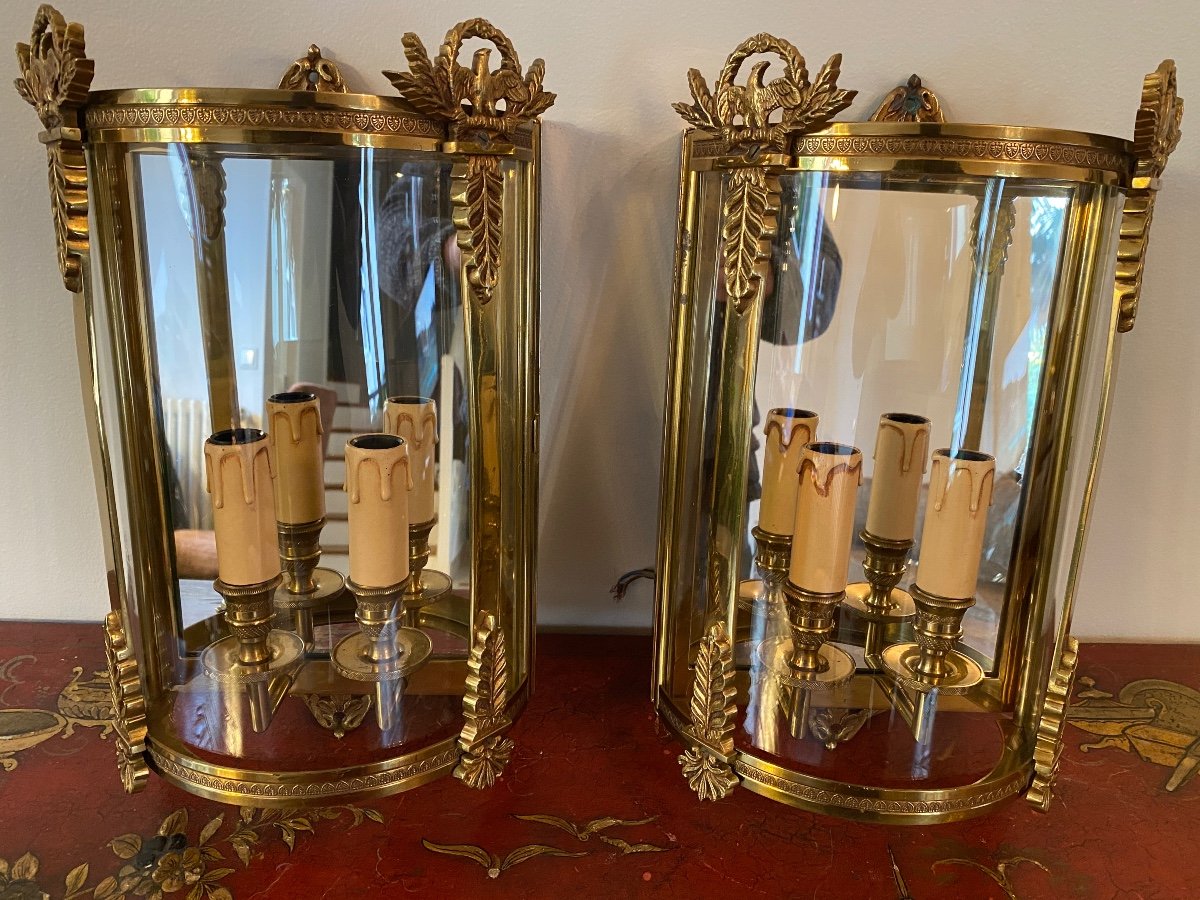 4 Empire Style Brass And Bronze Half Lantern Wall Lights -photo-2