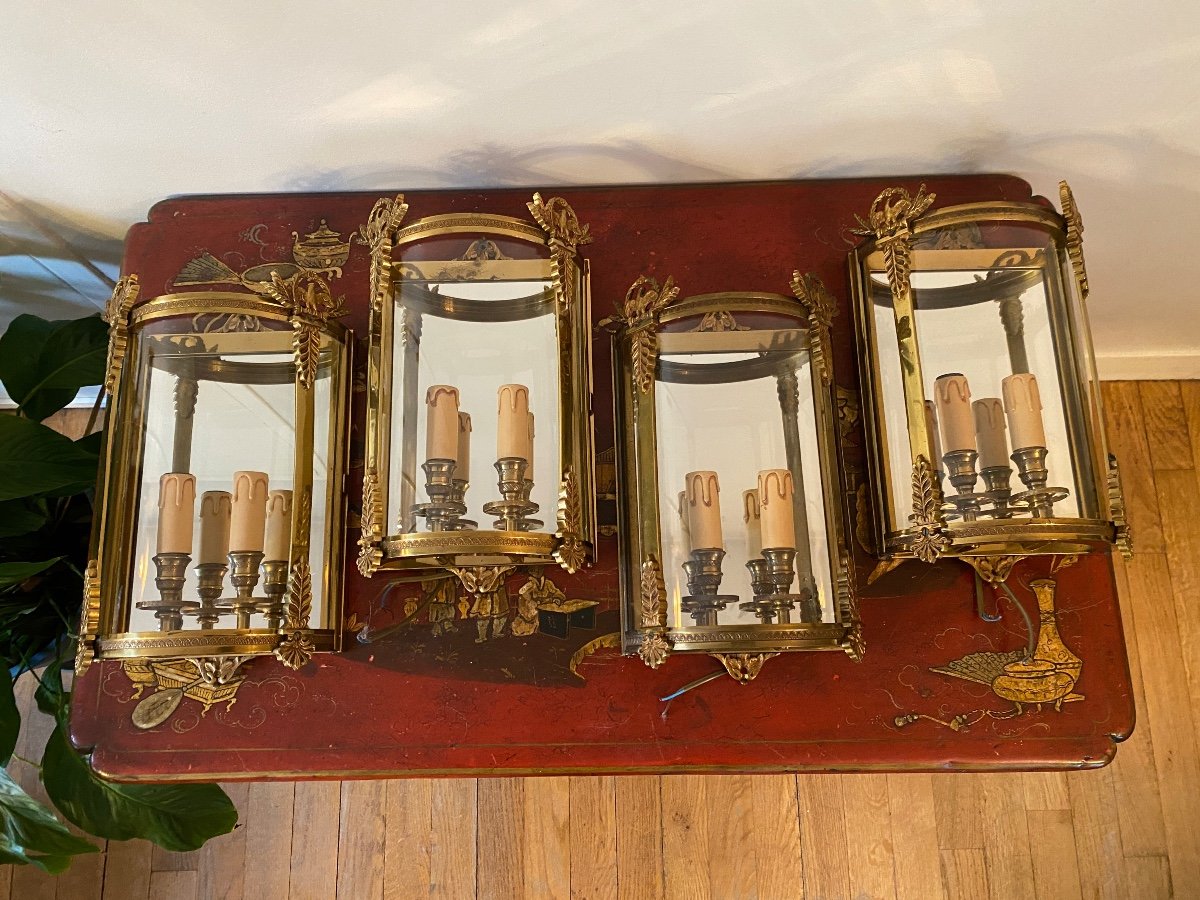 4 Empire Style Brass And Bronze Half Lantern Wall Lights -photo-4