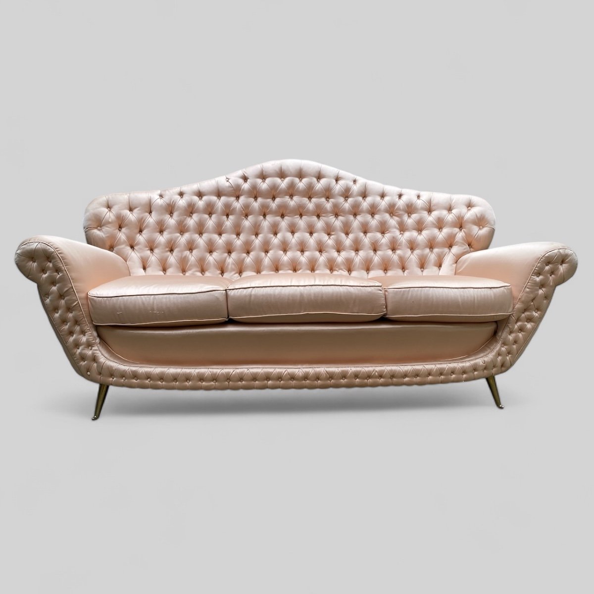 Pink Fabric Upholstered Sofa / Bench, Italian Design 1950