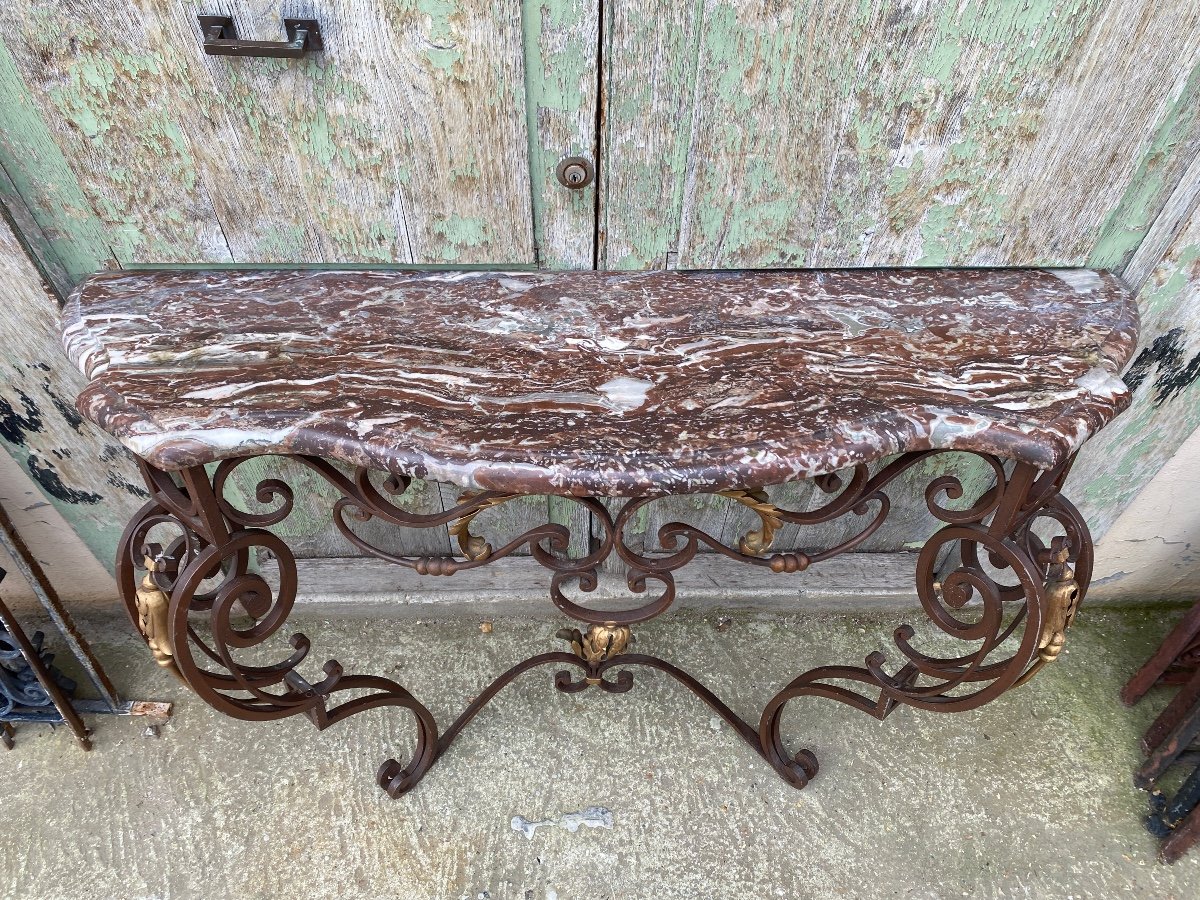 Console En Fer Forgé De Style Louis XV, Dessus Marbre -photo-3