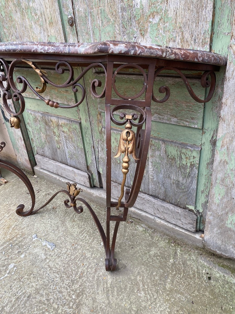 Console En Fer Forgé De Style Louis XV, Dessus Marbre -photo-1