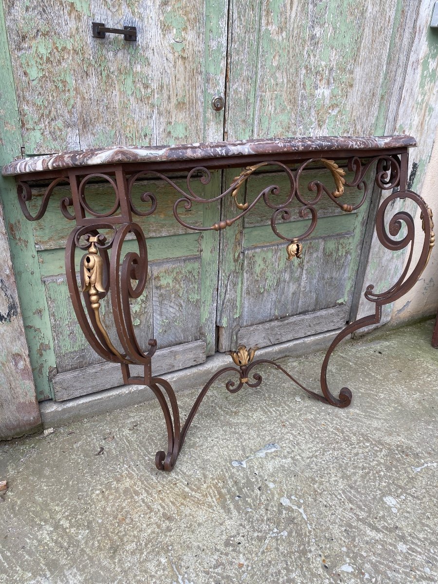 Console En Fer Forgé De Style Louis XV, Dessus Marbre -photo-2