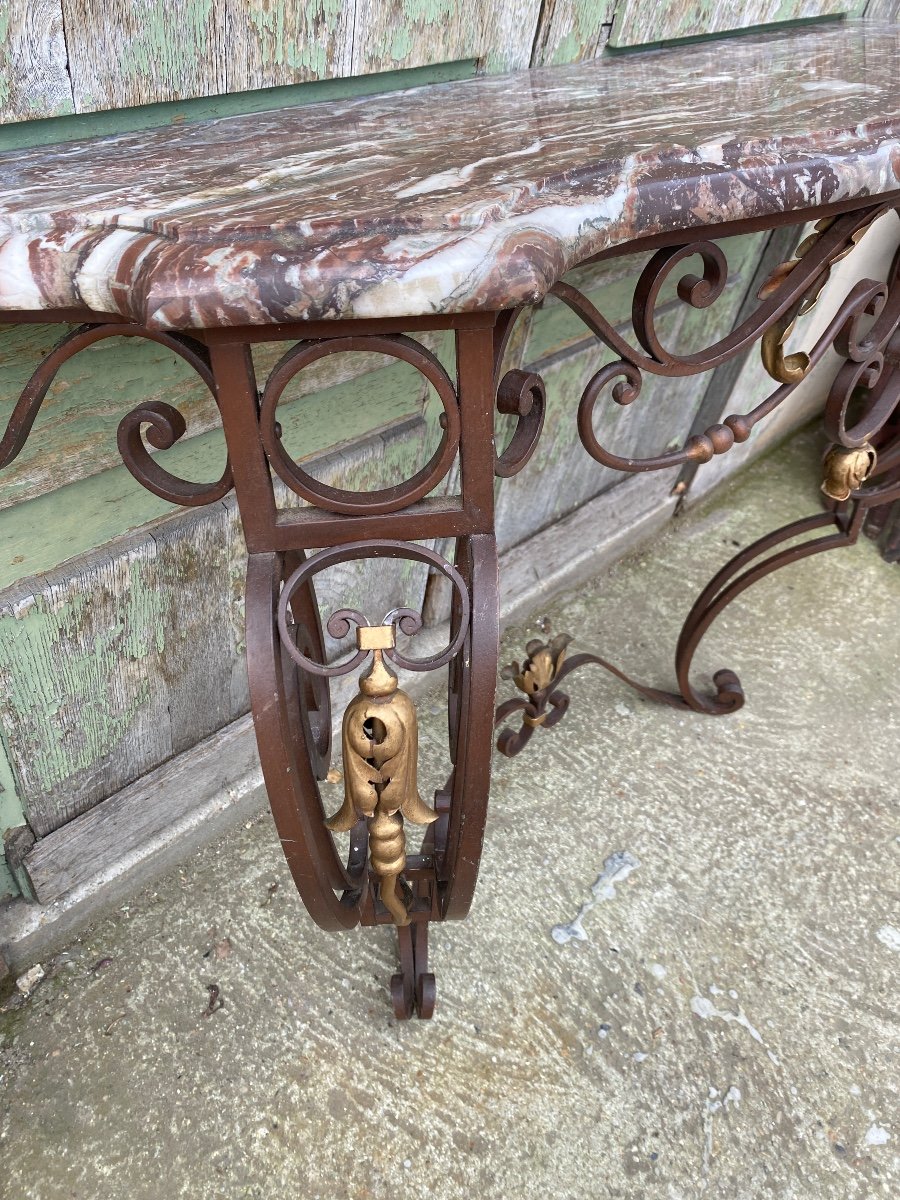 Console En Fer Forgé De Style Louis XV, Dessus Marbre -photo-3