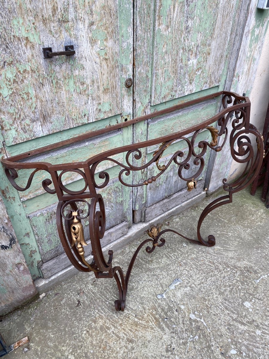 Console En Fer Forgé De Style Louis XV, Dessus Marbre -photo-7