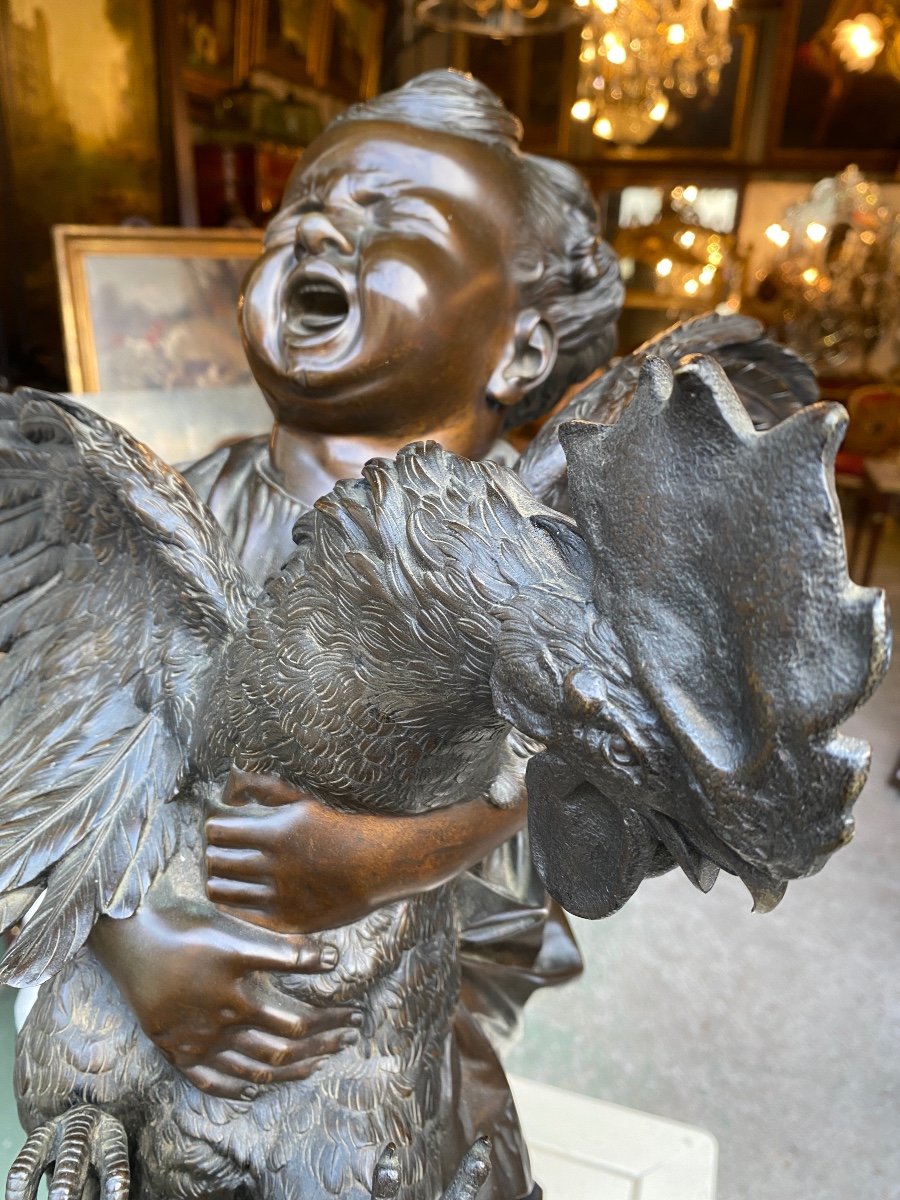 19th Century Bronze Sculpture, “young Girl With Rooster” Signed Adriano Cecioni (1838-1886), And Founder-photo-2