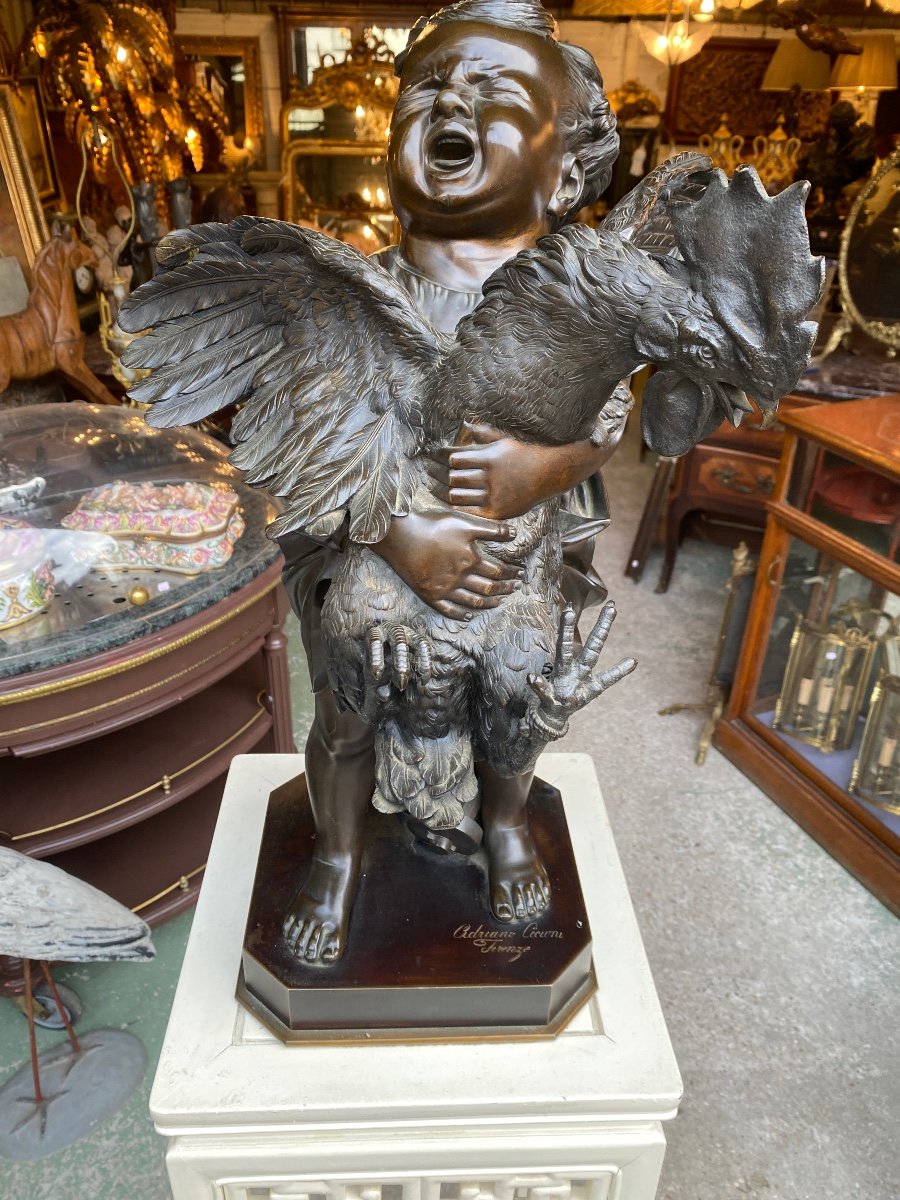 19th Century Bronze Sculpture, “young Girl With Rooster” Signed Adriano Cecioni (1838-1886), And Founder-photo-3