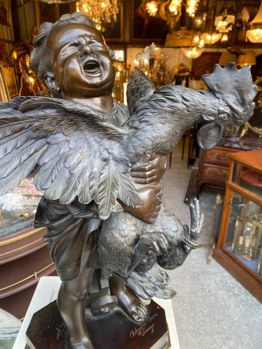 19th Century Bronze Sculpture, “young Girl With Rooster” Signed Adriano Cecioni (1838-1886), And Founder-photo-4