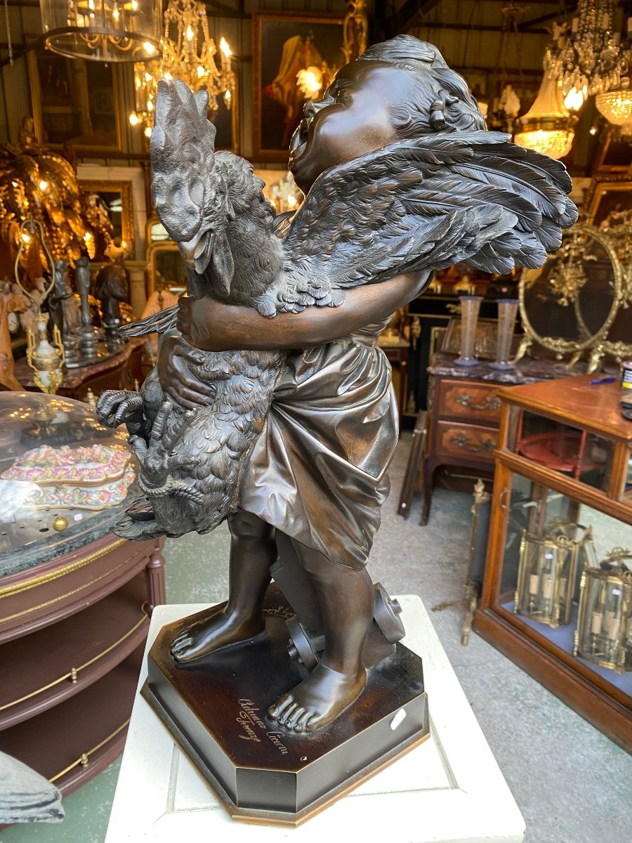 19th Century Bronze Sculpture, “young Girl With Rooster” Signed Adriano Cecioni (1838-1886), And Founder-photo-2