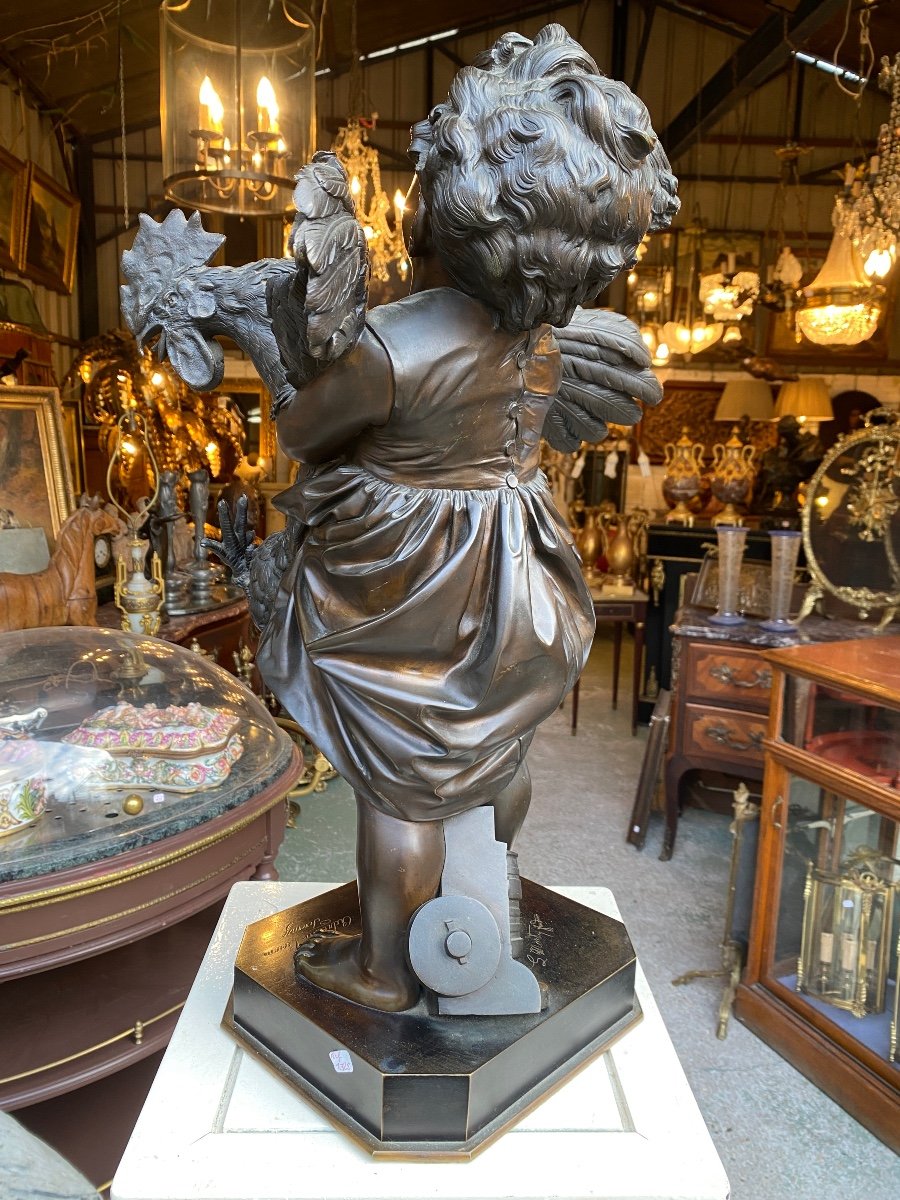 19th Century Bronze Sculpture, “young Girl With Rooster” Signed Adriano Cecioni (1838-1886), And Founder-photo-3