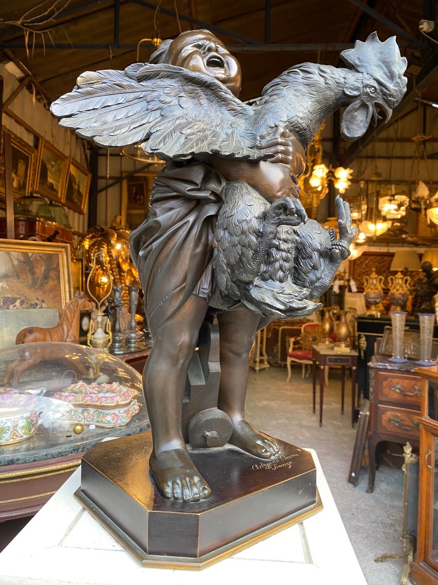 19th Century Bronze Sculpture, “young Girl With Rooster” Signed Adriano Cecioni (1838-1886), And Founder-photo-5