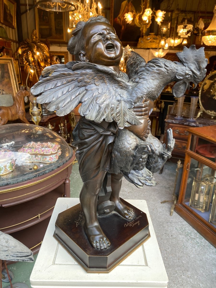 19th Century Bronze Sculpture, “young Girl With Rooster” Signed Adriano Cecioni (1838-1886), And Founder