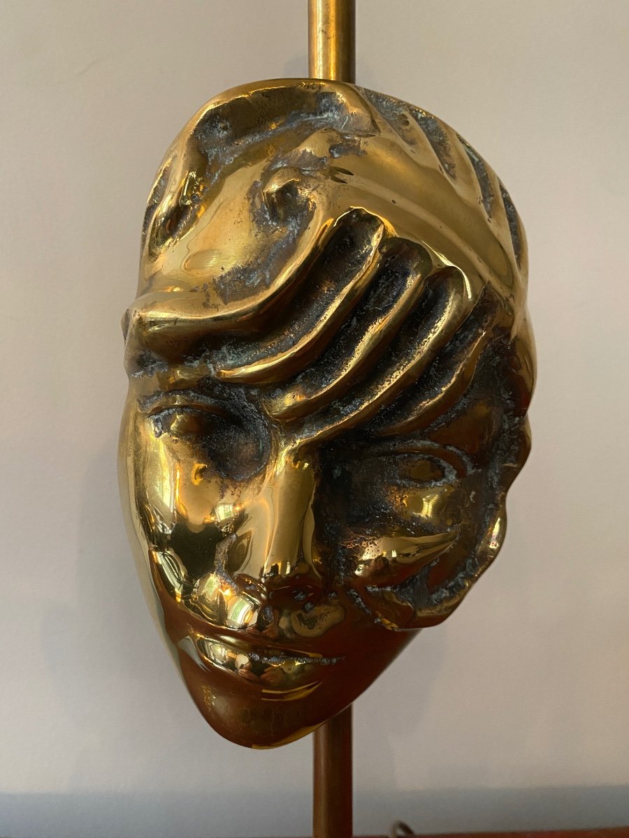 Bronze And Brass Lamp Base, Commedia Dell'arte Mask, Design 1970-photo-2