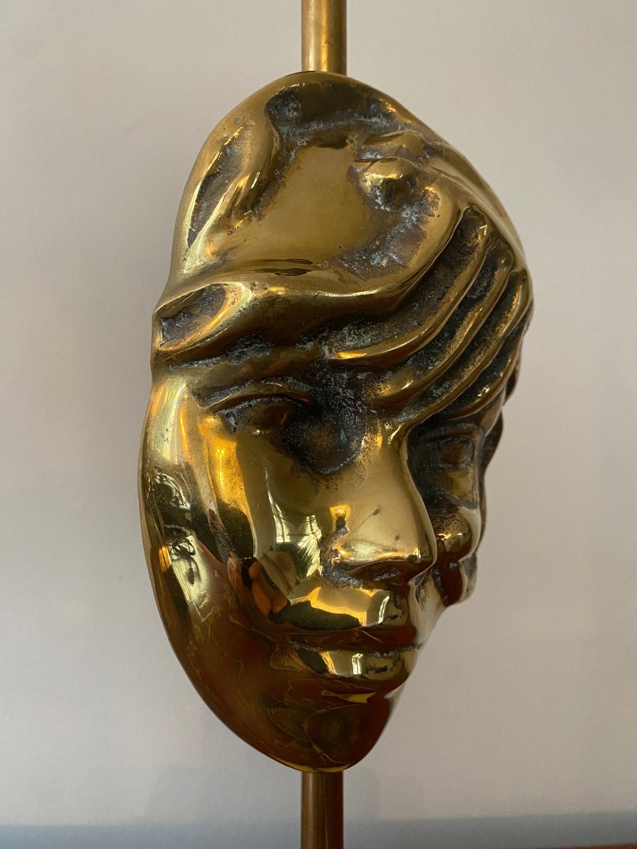 Bronze And Brass Lamp Base, Commedia Dell'arte Mask, Design 1970-photo-3