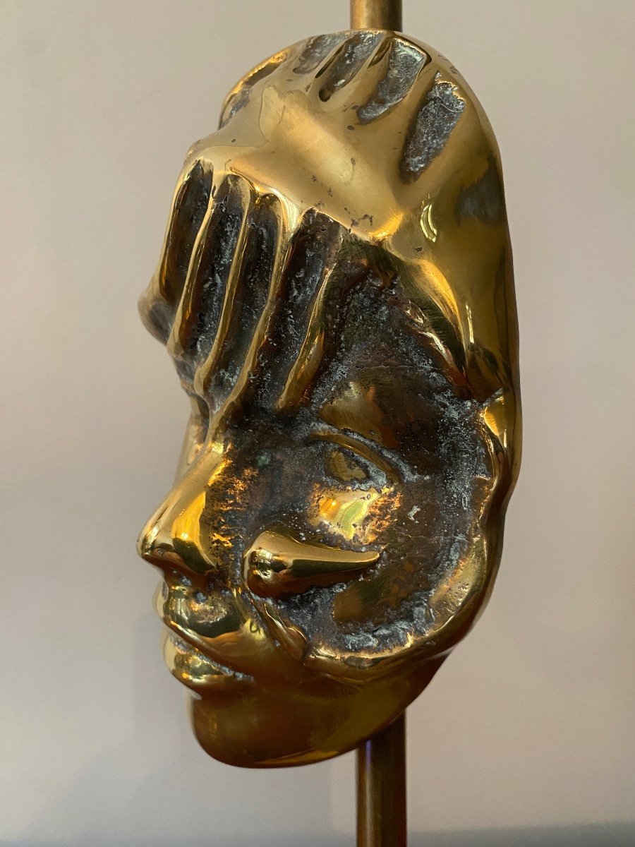 Bronze And Brass Lamp Base, Commedia Dell'arte Mask, Design 1970-photo-4