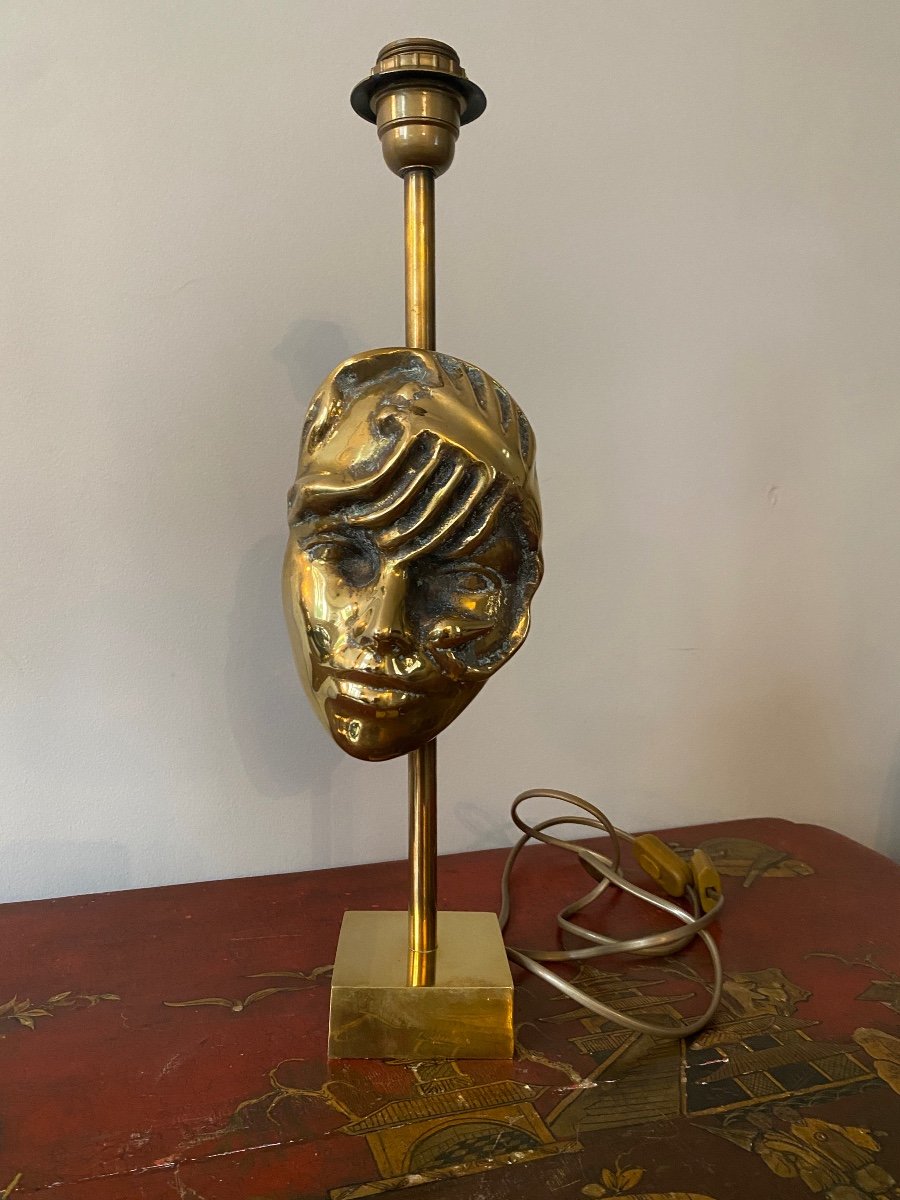 Bronze And Brass Lamp Base, Commedia Dell'arte Mask, Design 1970-photo-1