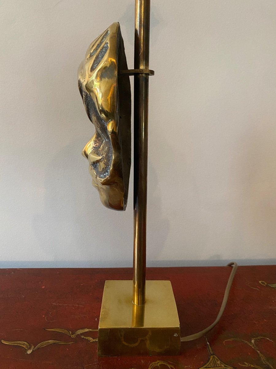 Bronze And Brass Lamp Base, Commedia Dell'arte Mask, Design 1970-photo-2