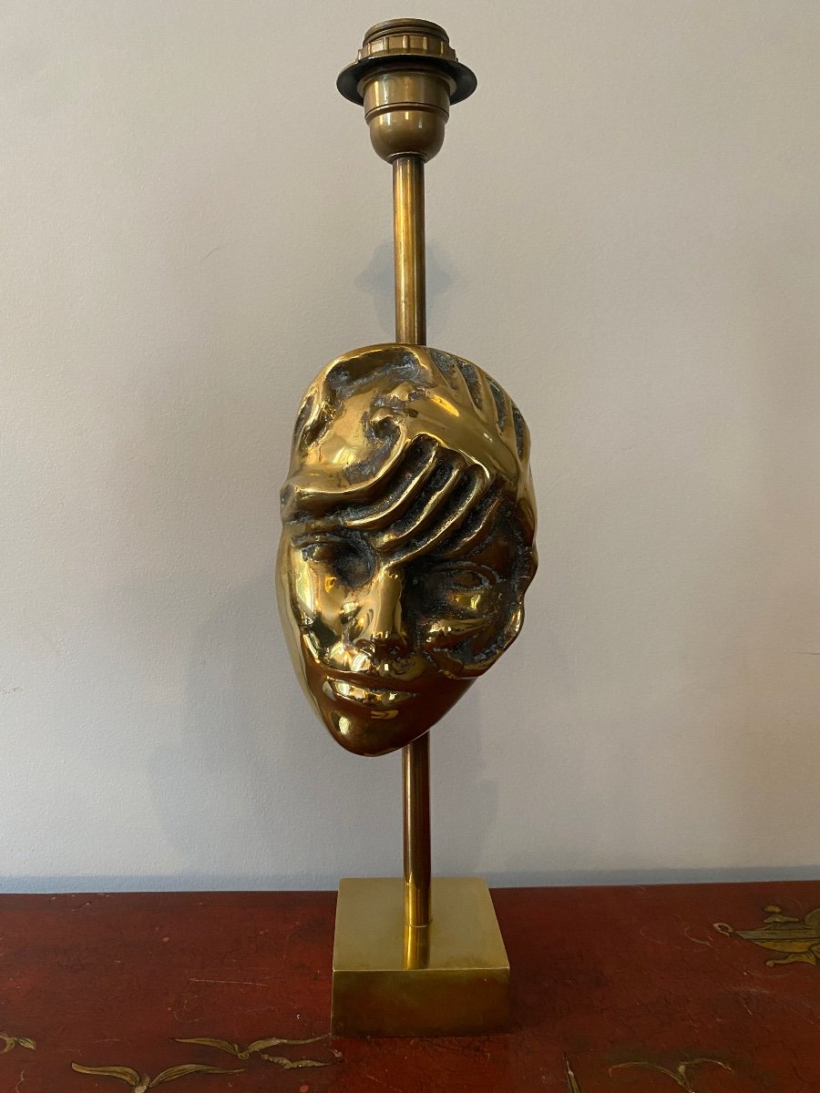 Bronze And Brass Lamp Base, Commedia Dell'arte Mask, Design 1970