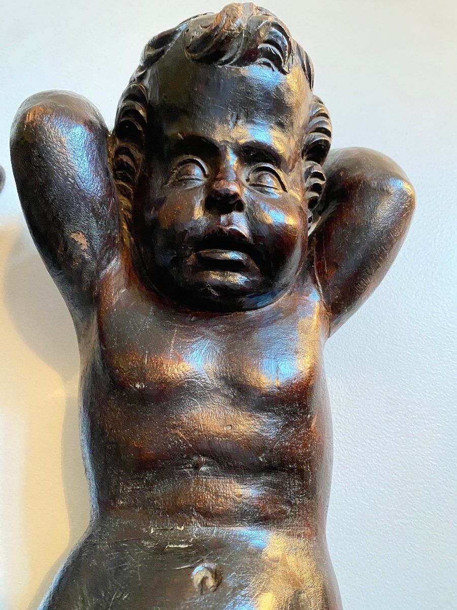 Paire de grands Putti / Anges 18ème En Bois Sculpté -photo-3