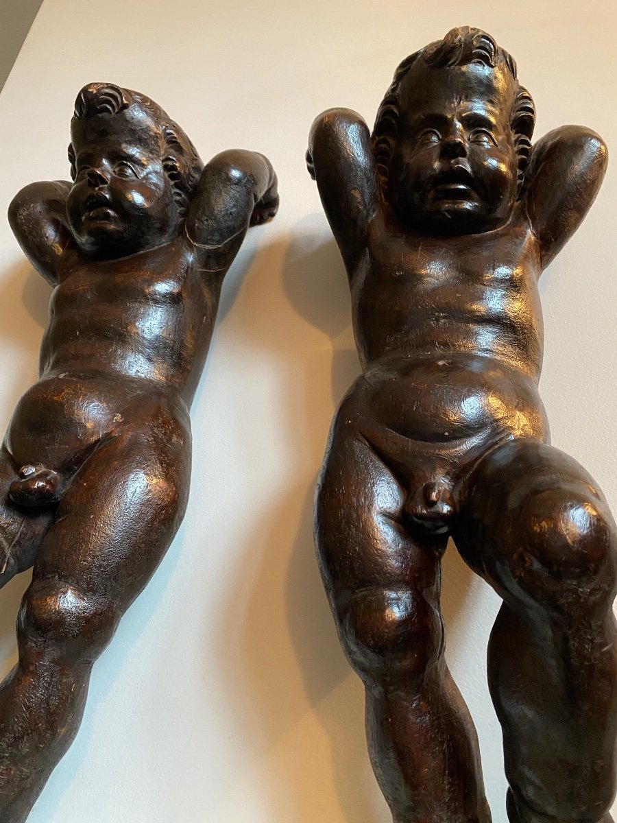 Paire de grands Putti / Anges 18ème En Bois Sculpté -photo-4