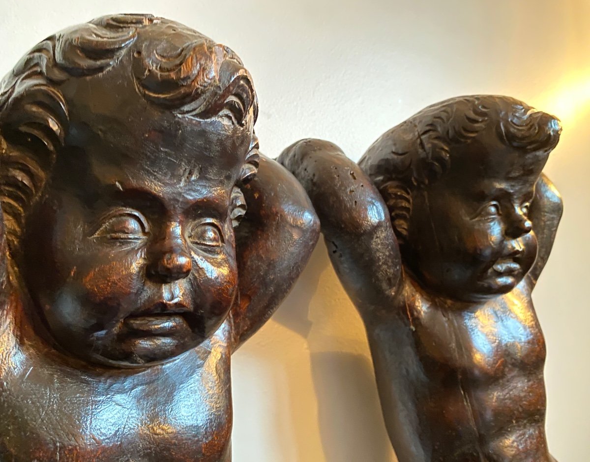 Paire de grands Putti / Anges 18ème En Bois Sculpté -photo-4