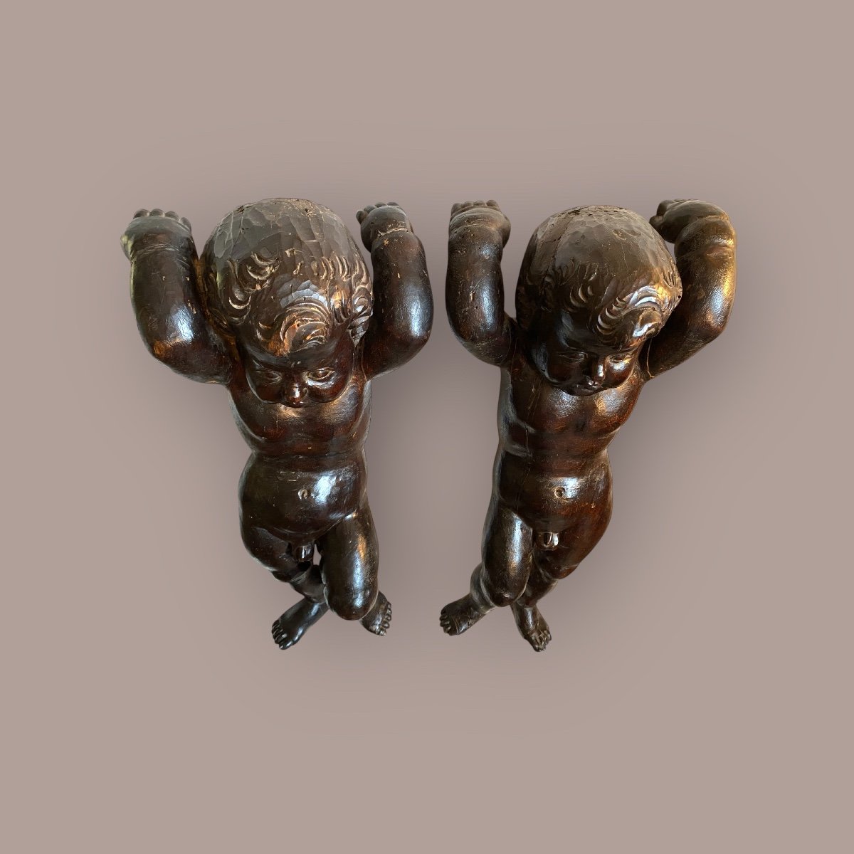 Paire de grands Putti / Anges 18ème En Bois Sculpté -photo-6