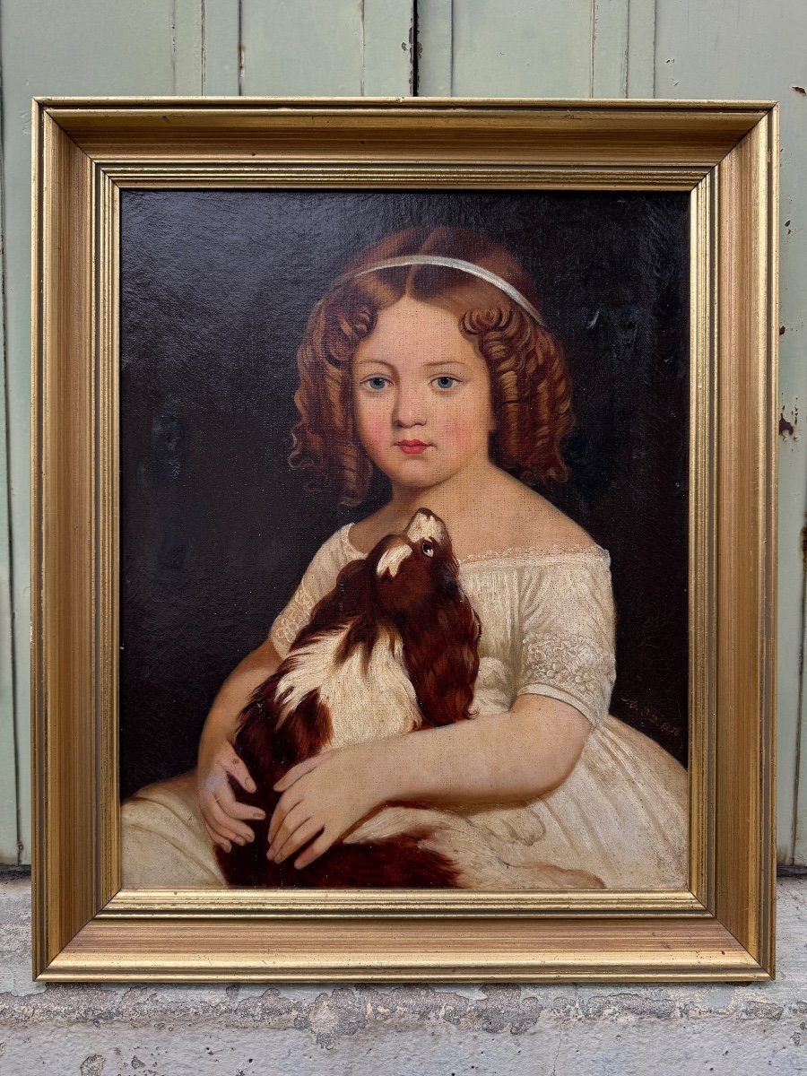 Portrait Of A Young Girl With A Cavalier King Charles Spaniel, 19th Century, Dog, Animals…-photo-2