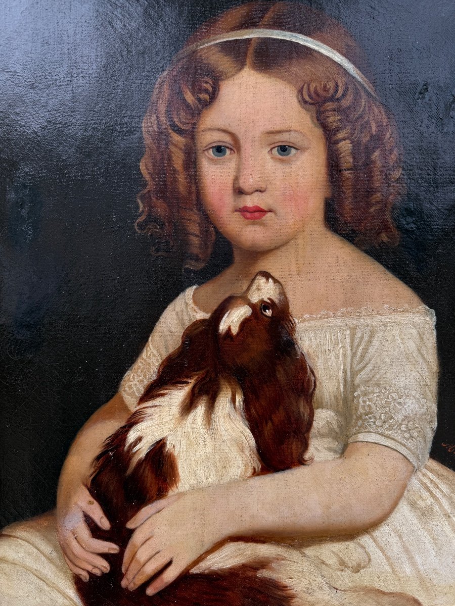 Portrait Of A Young Girl With A Cavalier King Charles Spaniel, 19th Century, Dog, Animals…-photo-3