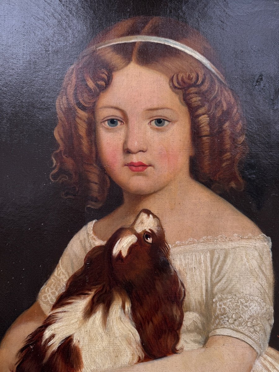 Portrait Of A Young Girl With A Cavalier King Charles Spaniel, 19th Century, Dog, Animals…-photo-4