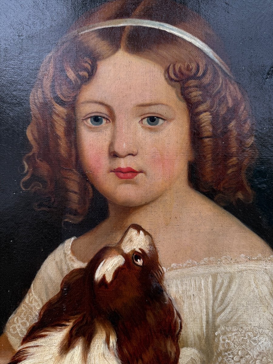 Portrait Of A Young Girl With A Cavalier King Charles Spaniel, 19th Century, Dog, Animals…-photo-1