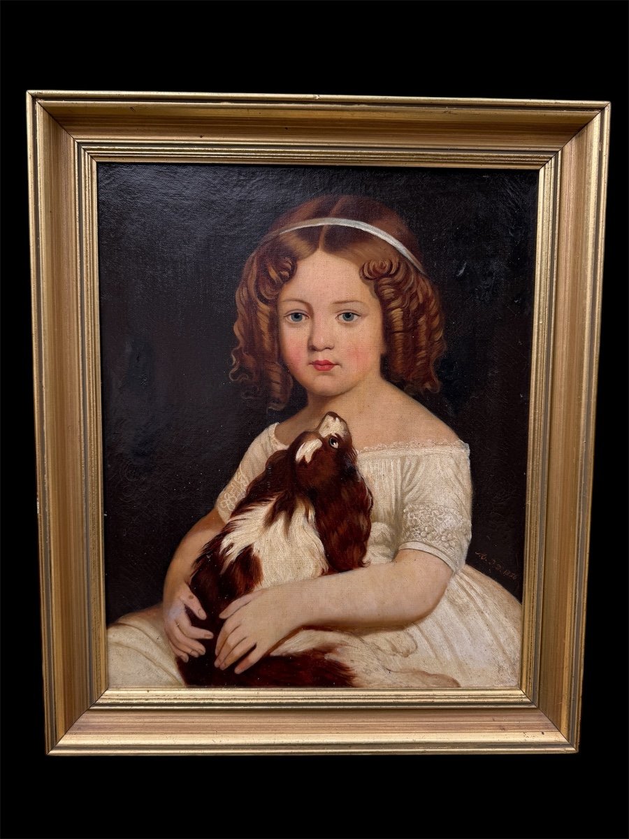 Portrait Of A Young Girl With A Cavalier King Charles Spaniel, 19th Century, Dog, Animals…