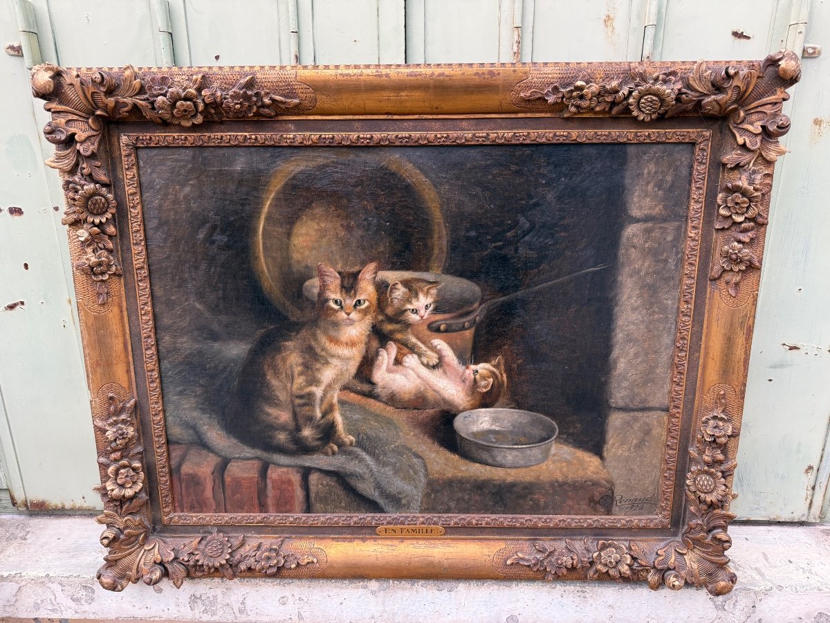 Huile Sur Toile Représentant Une Famille De Chats, Signée Et Datée 1920-photo-4