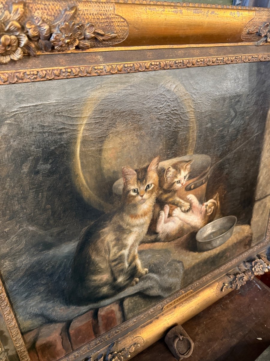 Huile Sur Toile Représentant Une Famille De Chats, Signée Et Datée 1920-photo-1