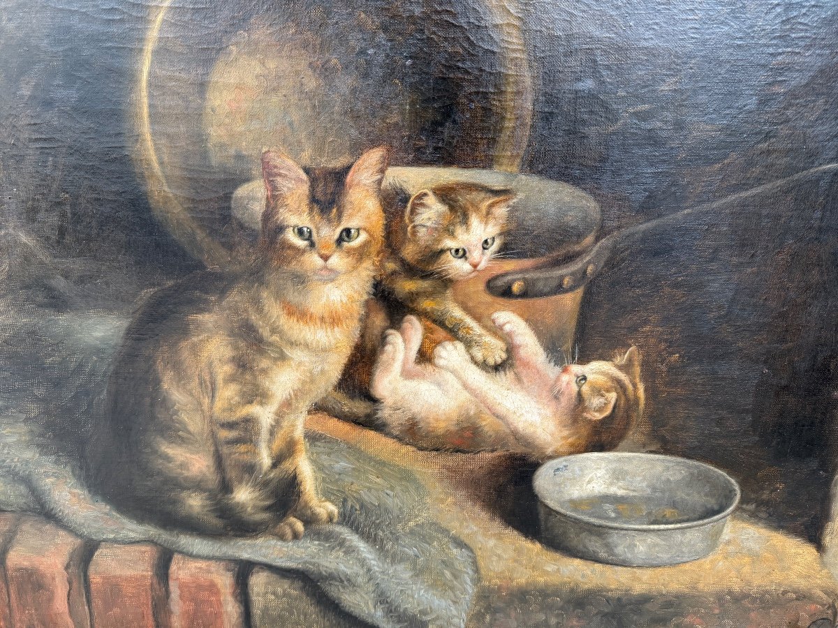 Huile Sur Toile Représentant Une Famille De Chats, Signée Et Datée 1920-photo-2