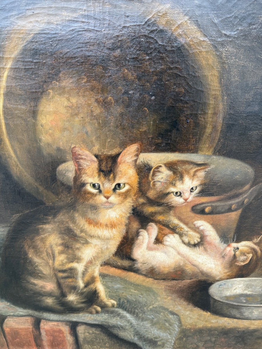 Huile Sur Toile Représentant Une Famille De Chats, Signée Et Datée 1920-photo-3