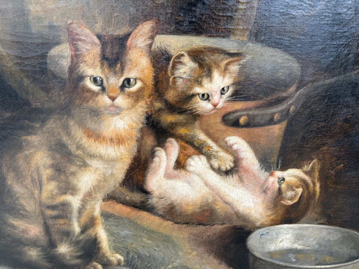 Huile Sur Toile Représentant Une Famille De Chats, Signée Et Datée 1920-photo-4