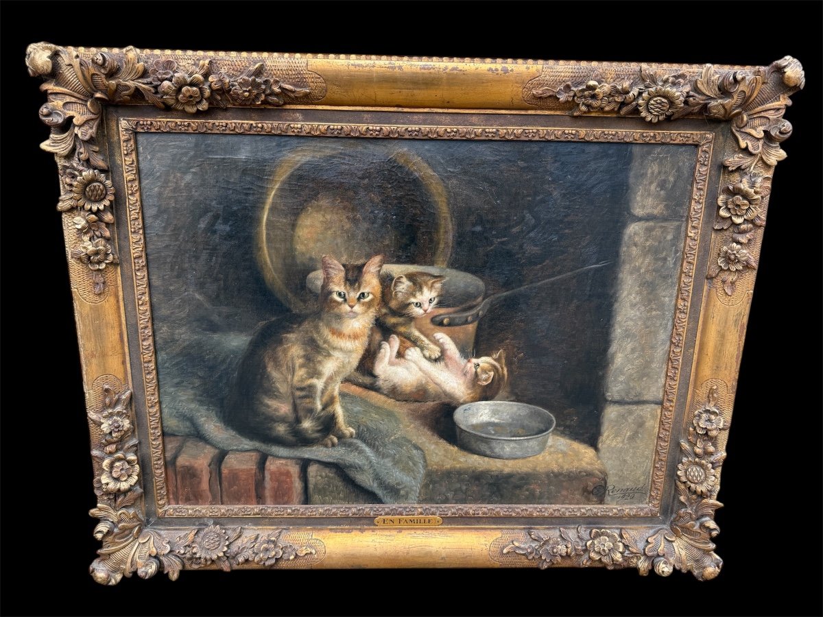 Huile Sur Toile Représentant Une Famille De Chats, Signée Et Datée 1920