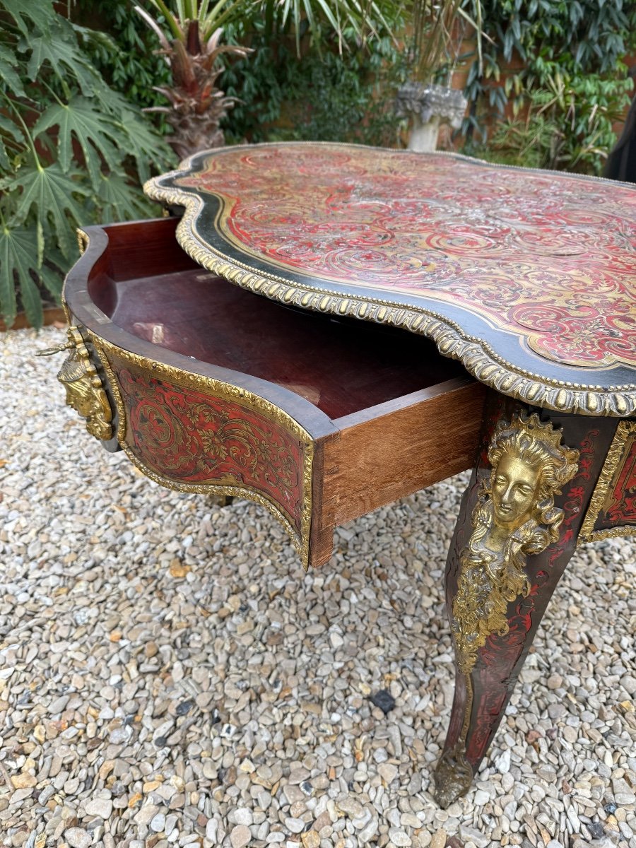 Guéridon / table de milieu, D’époque Napoléon III En écaille Et Filets De Laiton -photo-4